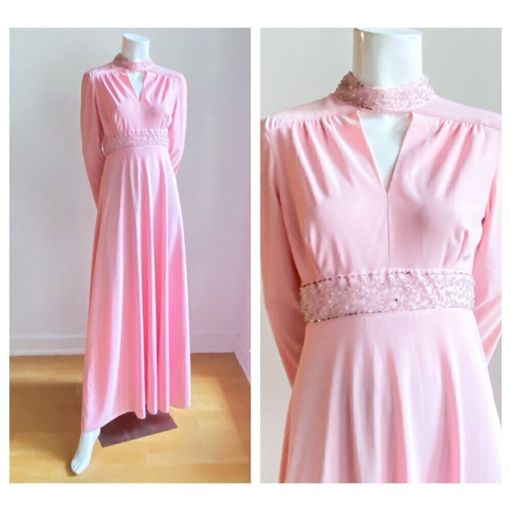 Vintage Sylvia Ann PAstel Pink Beaded Embroidered Fit and Flare Gown M